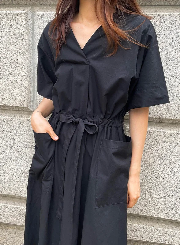 Buttoned Dresses for Stylish -V-Neck Long Dress With Big Pocket