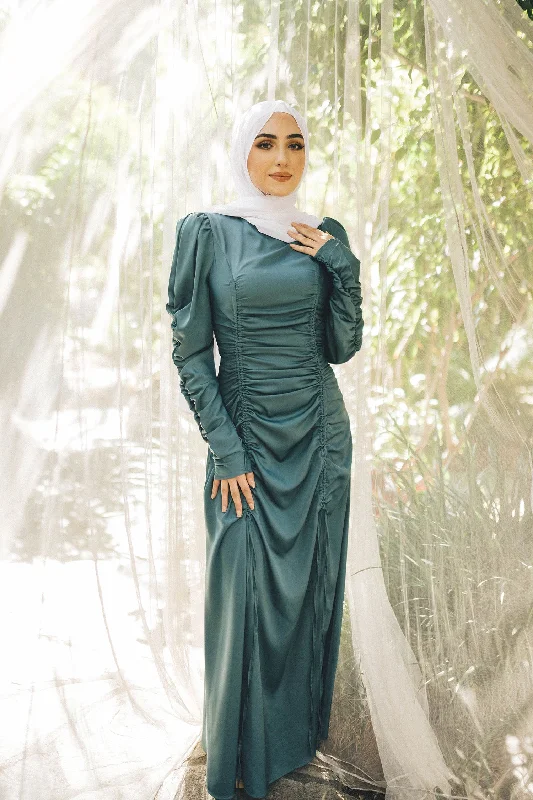 Fashionable Dresses for Style -Luna Ruched Satin Dress- Teal