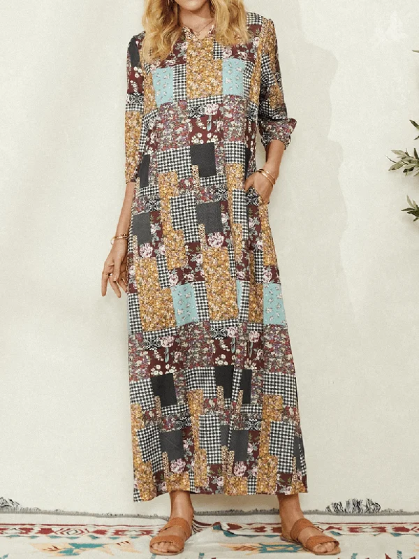 Animal Print Dresses for Fun -Women Colorblock Floral Plaid Print Vintage Maxi Dress with Pocket