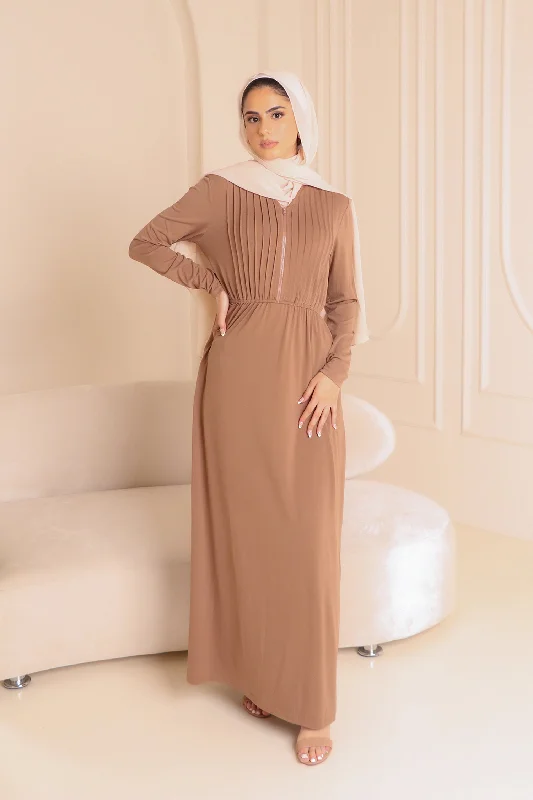 Linen Dresses for Breathable -Tan Pleated Spandex Maxi Dress