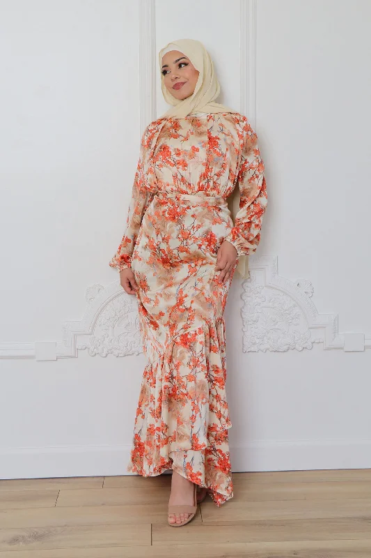 Work Dresses for Professional -Thalia Satin Floral Chiffon Maxi Dress- Muted Peach