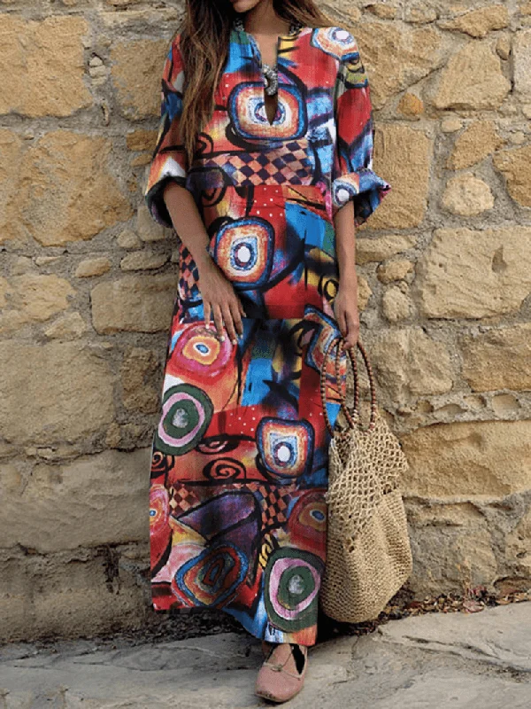 Tie-up Dresses for Decorative -Women Ethnic Abstract Print Long Sleeve Bohemian Maxi Dress