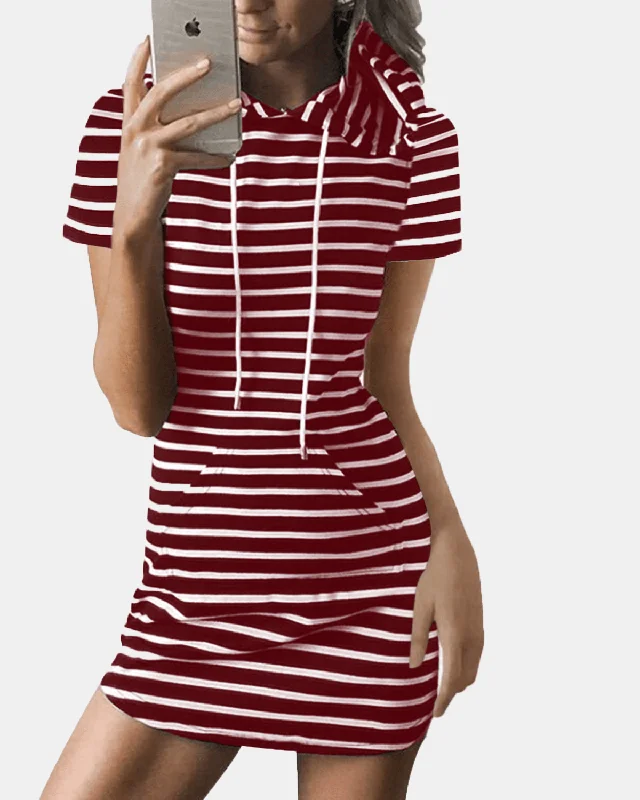 Striped Drawstring Short Sleeve Casual Shirt Pocket Dress