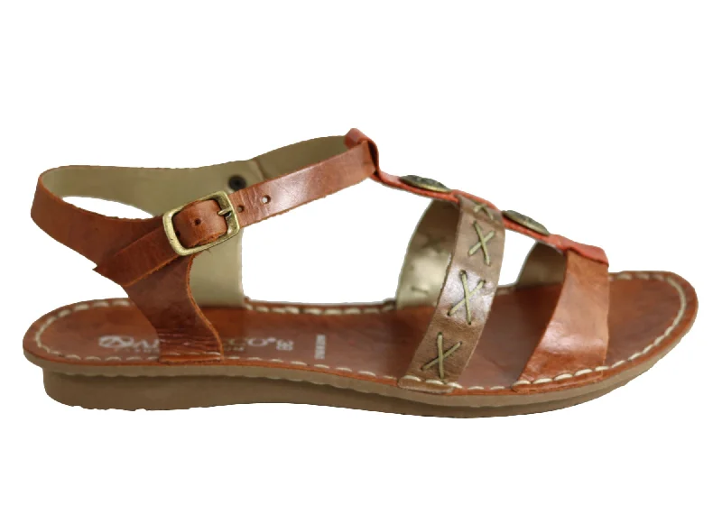 Casual sandals for women with bohemian-style straps and flat sole for comfort-Andacco Madisson Womens Comfort Flat Leather Sandals Made In Brazil