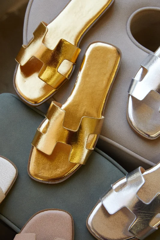 Elegant sandals for evening events with satin finish and embellished details-Bianka Slip On Sandals - Gold