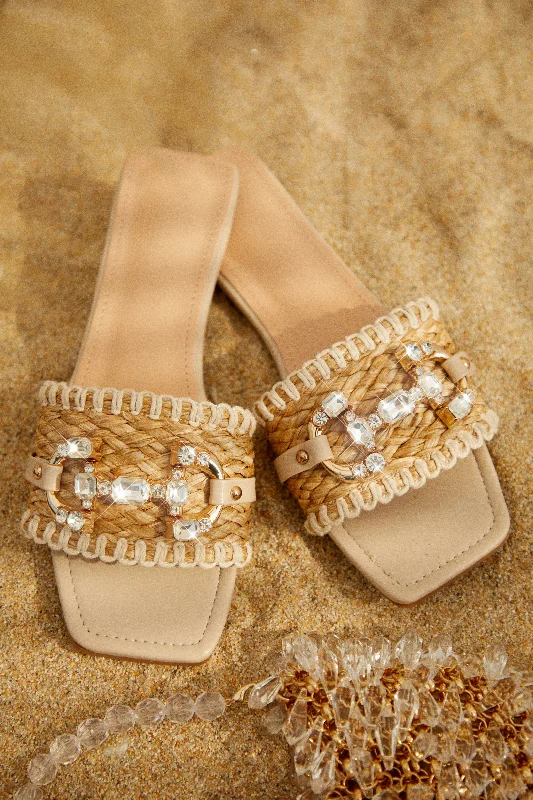 Comfortable sandals for women with closed-toe design and flexible footbed for comfort-Cabo Vacay Embellished Slip On Sandals - Nude