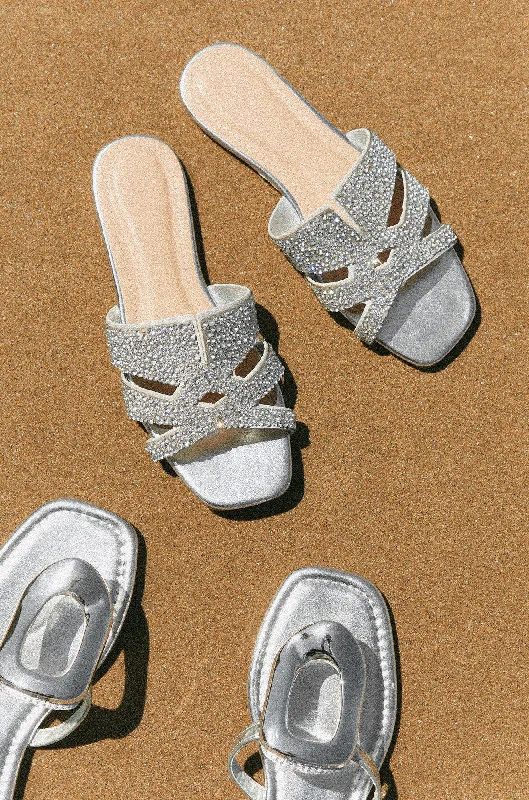 Casual sandals for women with cork footbed and crisscross strap design for style-Destination Dreams Embellished Slip On Sandals - Silver