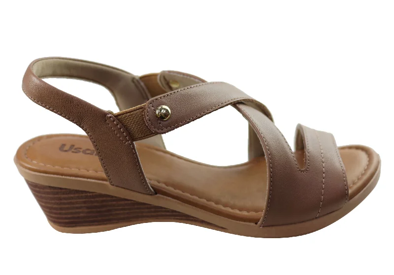 Comfortable sandals for women with elastic straps and lightweight construction for ease-Usaflex Amboree Womens Comfort Leather Wedge Sandals Made In Brazil