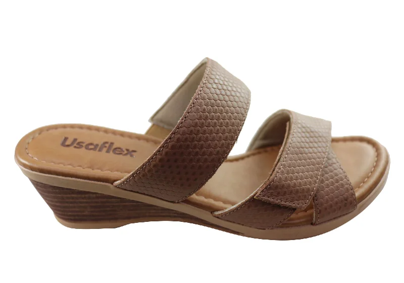 Comfortable sandals for women with memory foam footbed for all-day wear-Usaflex Araceli Womens Leather Wedge Slides Sandals Made In Brazil