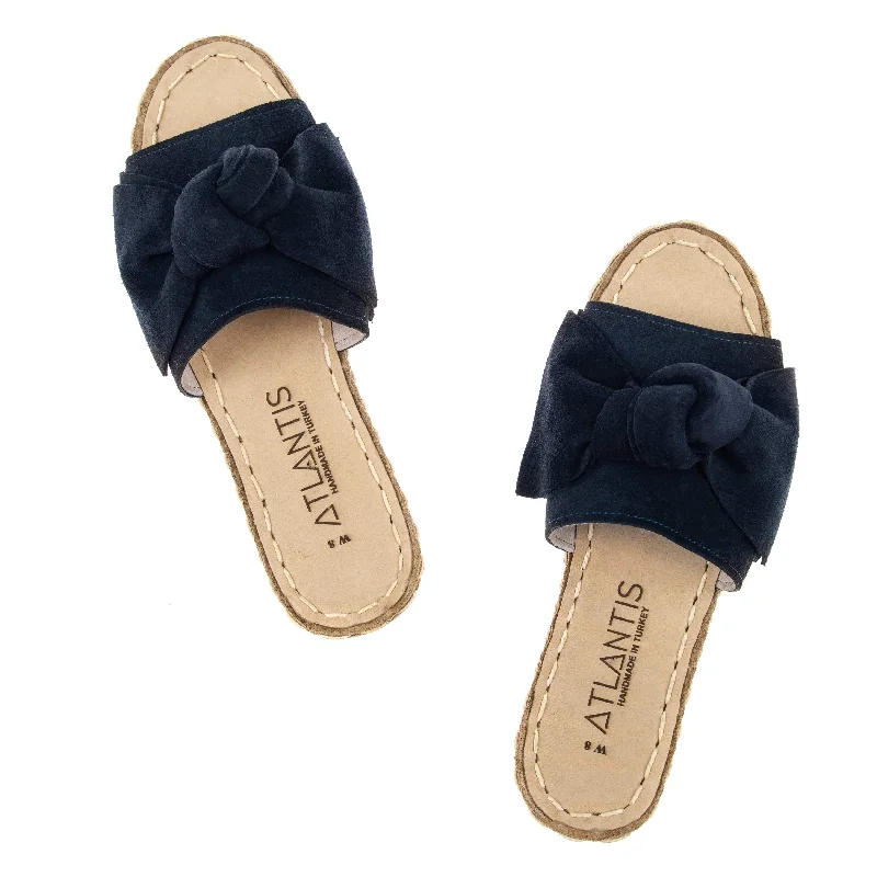 Comfortable sandals for women with Velcro straps and cushioned sole for everyday wear-Dark Blue Bows Leather Sandals