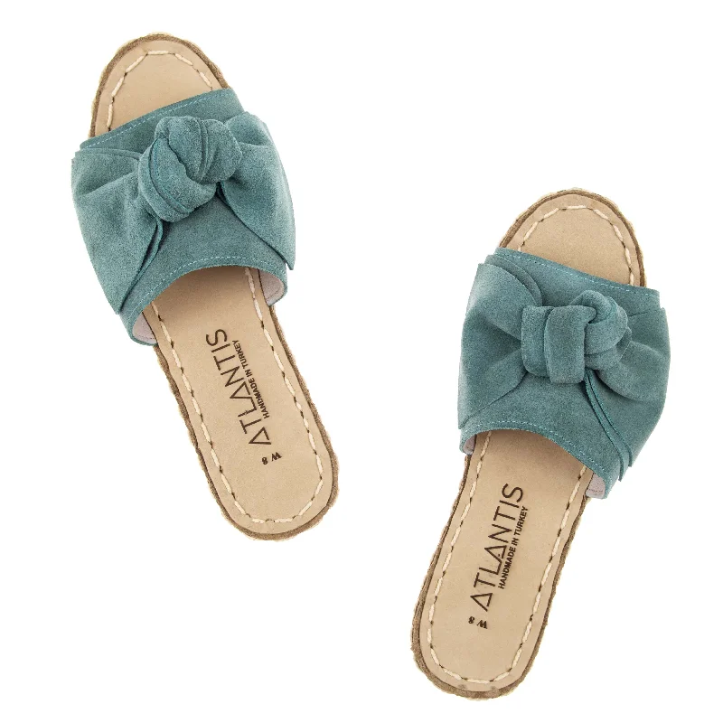 Casual sandals for women with cork footbed and crisscross strap design for style-Green Bows Leather Sandals