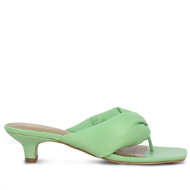 Comfortable sandals for women with soft cork footbed and rubber outsole-Amorina Mint Leather Puffy Thong Dress Sandals