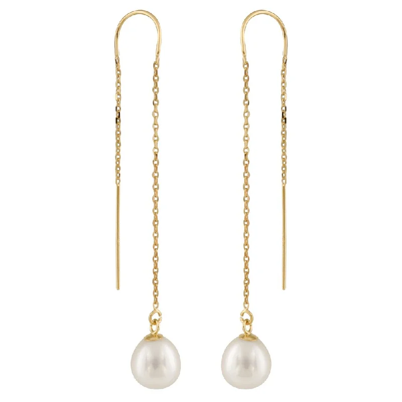 Hoop earrings with dangling charms for a playful and fun look-14k Yellow Gold Freshwater Pearl Long Dangle Earrings (7-8mm)