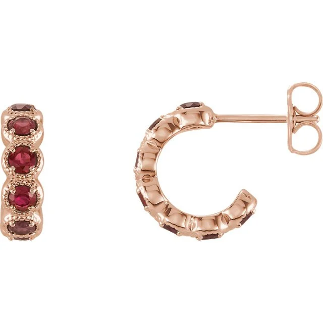 Hoop earrings with enamel stripes for a colorful and eye-catching design-14KT GOLD 1.26 CTW ROUND RUBY J HOOP EARRINGS