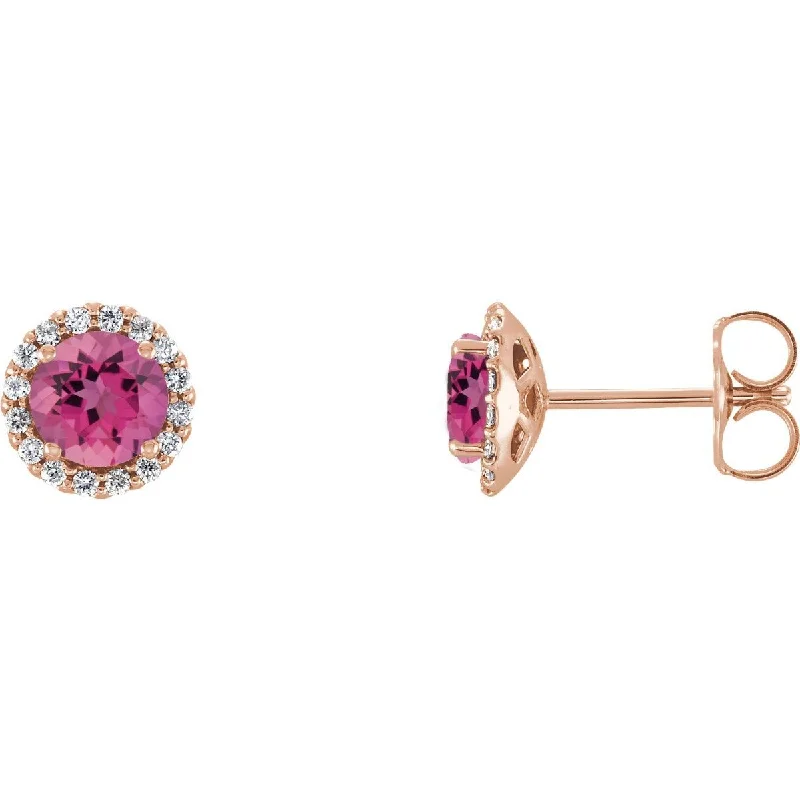 Best hoop earrings with minimal embellishments for a sleek and modern look-14KT GOLD 1.50 CTW PINK TOURMALINE & 1/8 CTW DIAMOND HALO EARRINGS