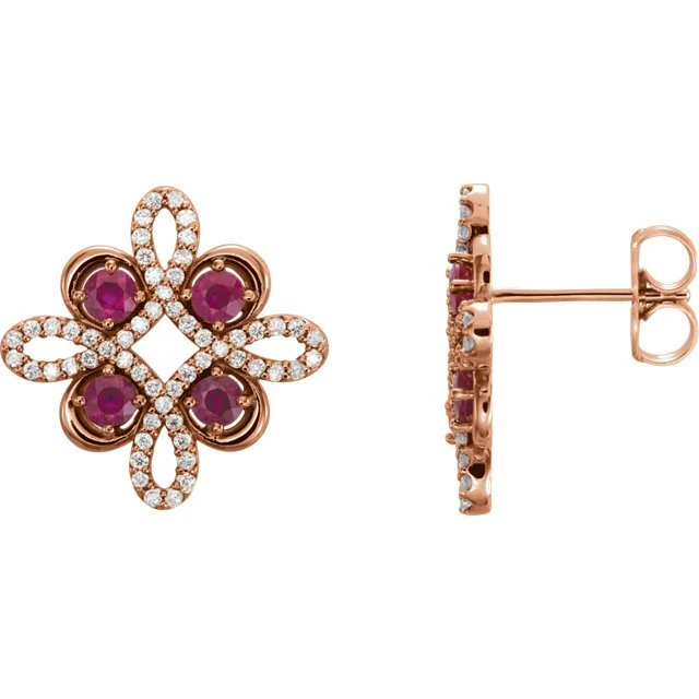 Hoop earrings with oversized pearl accents for a statement-making look-14KT GOLD RUBY & 1/4 CTW DIAMOND CLOVER EARRINGS