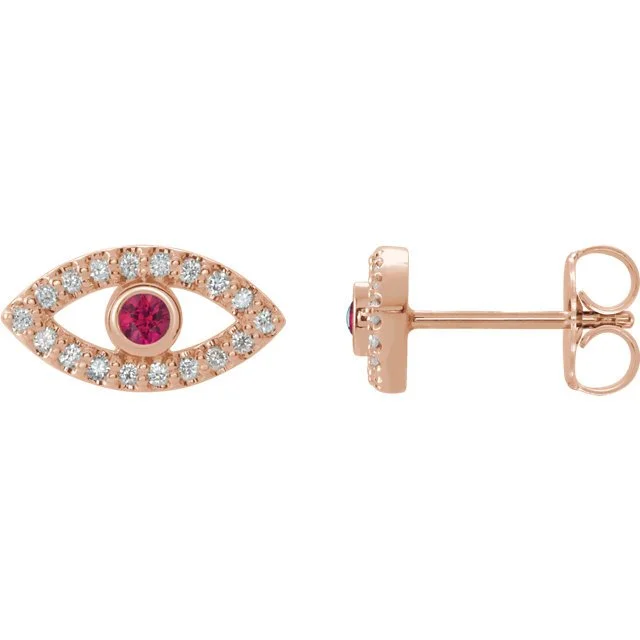 Hoop earrings with a chunky design for a bold and trendy statement-14KT GOLD RUBY & WHITE SAPPHIRE EVIL EYE EARRINGS