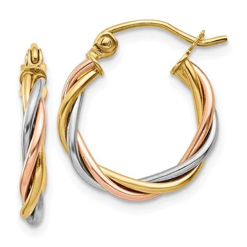 Best hoop earrings with textured silver for a rustic and organic finish-14KT Tri-Color Twisted Hoop Earrings