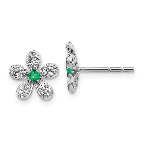 Best hoop earrings with textured silver for a rustic and organic finish-14KT WHITE GOLD .05 CTW EMERALD & .17 CTW DIAMOND FLOWER EARRINGS