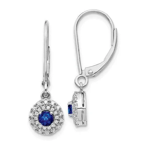 Hoop earrings with leather accents for a sleek and bold combination-14KT WHITE GOLD .40 CTW SAPPHIRE & .20 CTW DIAMOND HALO LEVERBACK EARRINGS