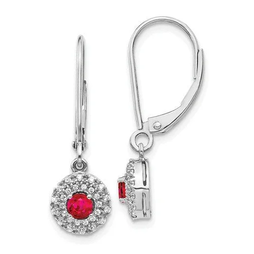 Hoop earrings with tortoiseshell designs for a chic and classic style-14KT WHITE GOLD DIAMOND HALO RUBY LEVERBACK DANGLE EARRINGS