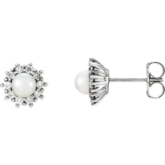 Hoop earrings with a matte finish for a sleek and sophisticated appearance-14KT WHITE GOLD PEARL & 1/4 CTW DIAMOND HALO EARRINGS