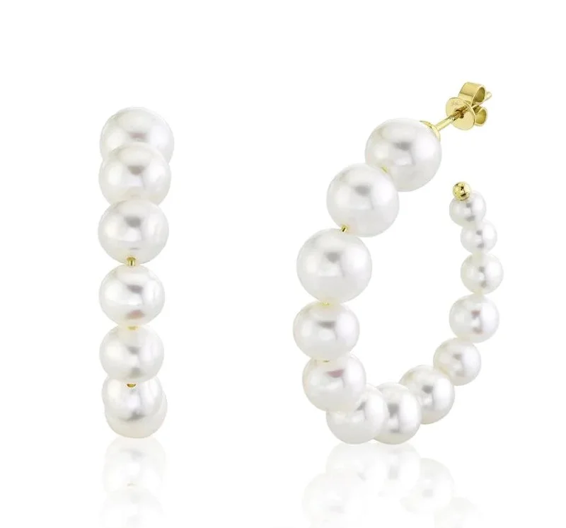 Hoop earrings with resin accents for a bold and colorful design-EMILIQUE 14KT YELLOW GOLD GRADUATED CULTURED PEARL HOOP EARRINGS