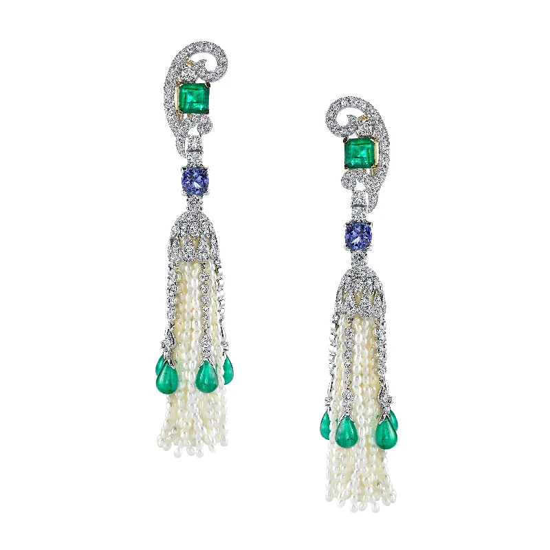 Hoop earrings with a matte black finish for a sleek, edgy vibe-18K White Gold Seed Pearl Emerald Tanzanite And Diamond Earrings