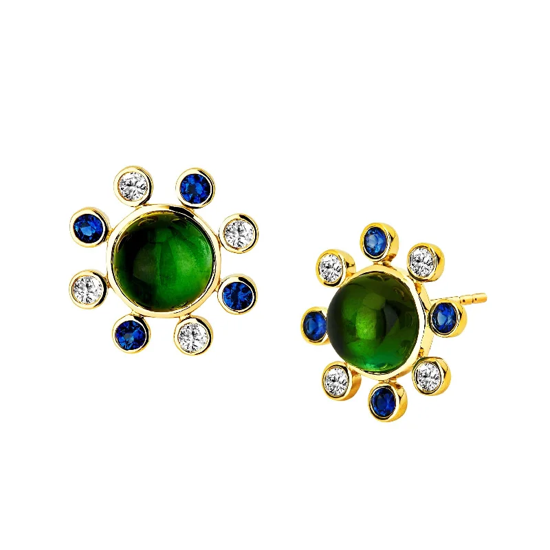 Hoop earrings with enamel stripes for a colorful and eye-catching design-Green Tourmaline Cabochon Studs