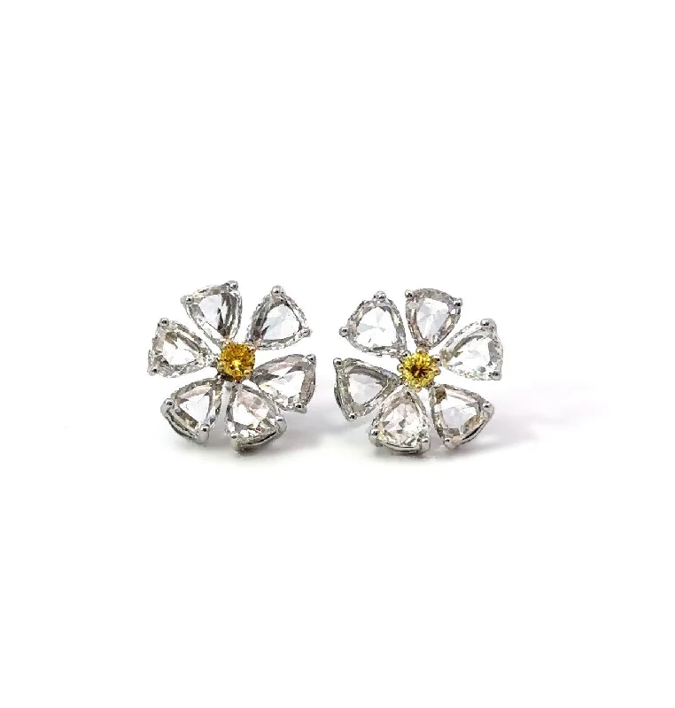 Best hoop earrings with satin ribbons for a soft, feminine appearance-18KT FANCY YELLOW & PEAR SHAPE ROSE CUT DIAMOND DAISY FLOWER EARRINGS