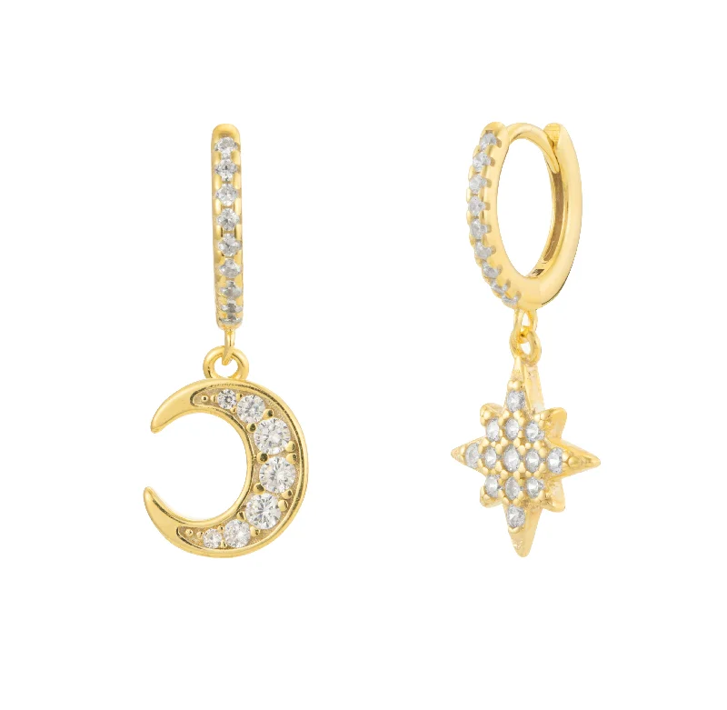 Hoop earrings with faceted crystals for added sparkle and shine-Crescent Moon & Star Crystal Dangle Hoop Earrings