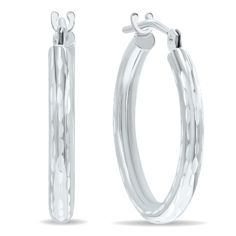 Best hoop earrings with gemstone accents for a colorful and elegant appearance-Marquee Jewels 10K White Gold Shiny Diamond Cut Engraved Hoop Earrings (18mm)