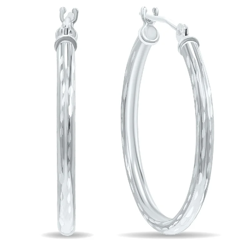 Best hoop earrings with tribal designs for a cultural and exotic aesthetic-Marquee Jewels 14K White Gold Shiny Diamond Cut Engraved Hoop Earrings (25mm)