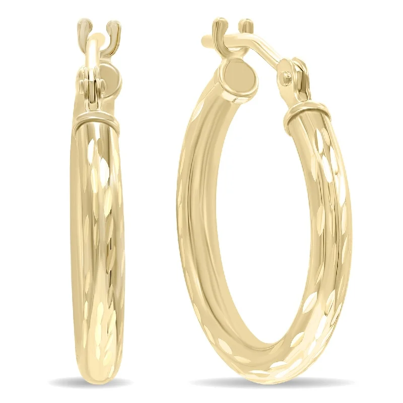 Best hoop earrings with sterling silver for an affordable and chic design-Marquee Jewels 14K Yellow Gold Shiny Diamond Cut Engraved Hoop Earrings (16mm)