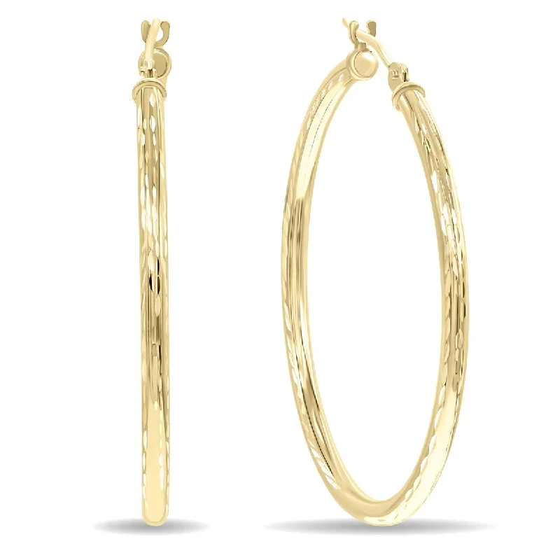 Classic hoop earrings with a thin profile for a sleek and subtle style-Marquee Jewels 14K Yellow Gold Shiny Diamond Cut Engraved Hoop Earrings (35mm)