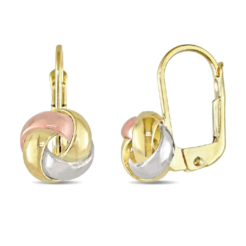 Hoop earrings with artistic filigree designs for an intricate, delicate finish-Miadora 10k Tri-Color Gold Love Knot Leverback Earrings