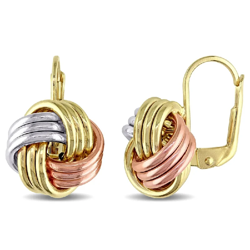 Classic hoop earrings with a thin profile for a sleek and subtle style-Miadora 10k Tri-color Yellow, White and Rose Gold Italian Love Knot Leverback Earrings