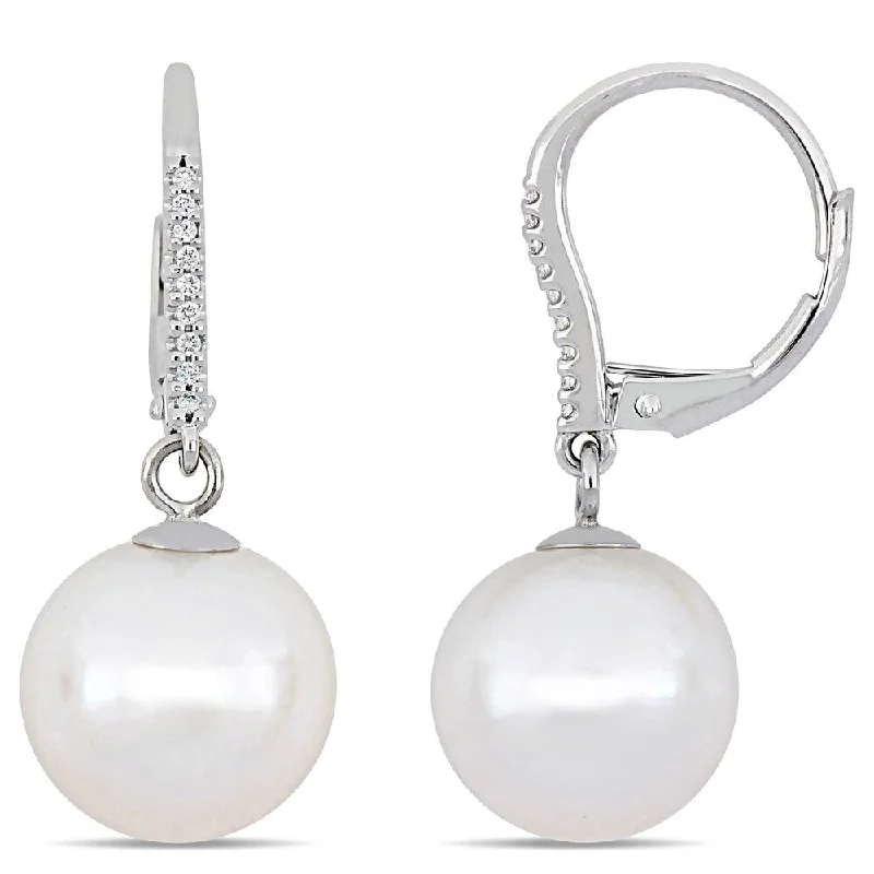 Best hoop earrings with baroque pearls for a luxurious and elegant vibe-Miadora 14k White Gold Cultured Freshwater Pearl and Diamond Drop Leverback Earrings (11-12mm)