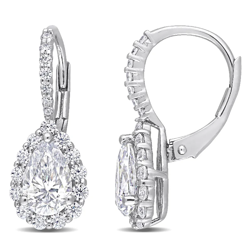 Best hoop earrings with vintage-style detailing for a nostalgic and timeless look-Miadora 2 5/8ct DEW Pear-cut Moissanite Halo Drop Leverback Earrings in Sterling Silver