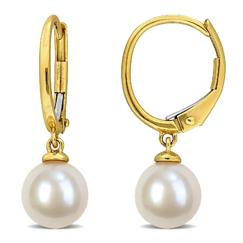 Stylish hoop earrings with diamond accents for an elegant and sparkling effect-Miadora 7-7.5mm Cultured Freshwater Pearl Drop Leverback Earrings in 14k Yellow Gold