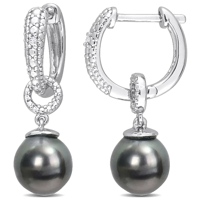 Hoop earrings with a matte black finish for a sleek, edgy vibe-Miadora 8-8.5mm Black Tahitian Cultured Pearl and Diamond Accent Drop Huggie Earrings in Sterling Silver