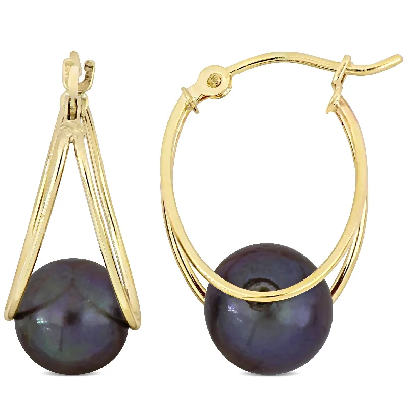 Hoop earrings with intricate designs for a unique and artistic appearance-Miadora 8-8.5mm Cultured Freshwater Black Pearl Drop Hoop Earrings in 10k Yellow Gold