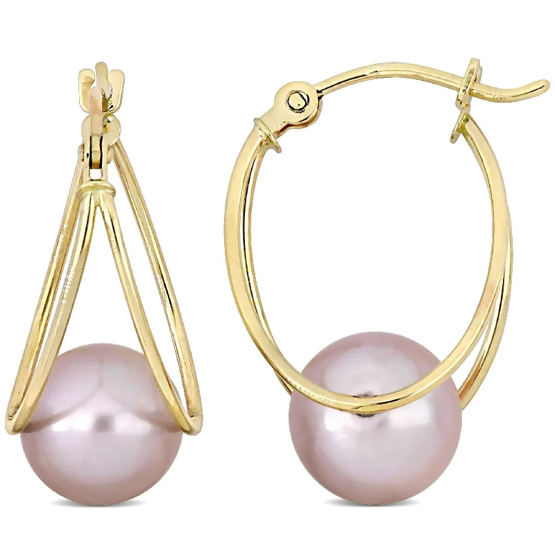 Best hoop earrings with gold for a luxurious and timeless look-Miadora 8-8.5mm Cultured Freshwater Pink Pearl Drop Hoop Earrings in 10k Yellow Gold