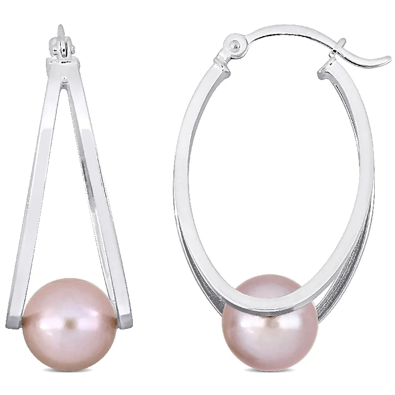 Hoop earrings with polished silver finish for a shiny, modern appeal-Miadora 8-8.5mm Cultured Freshwater Pink Pearl Hoop Earrings in Sterling Silver