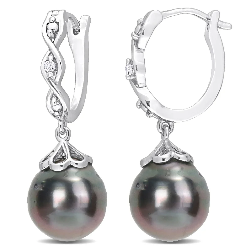 Best hoop earrings with angel wing accents for a spiritual and meaningful design-Miadora 8-9mm Black Tahitian Cultured Pearl and Diamond Accent Infinity Huggie Earrings in Sterling Silver