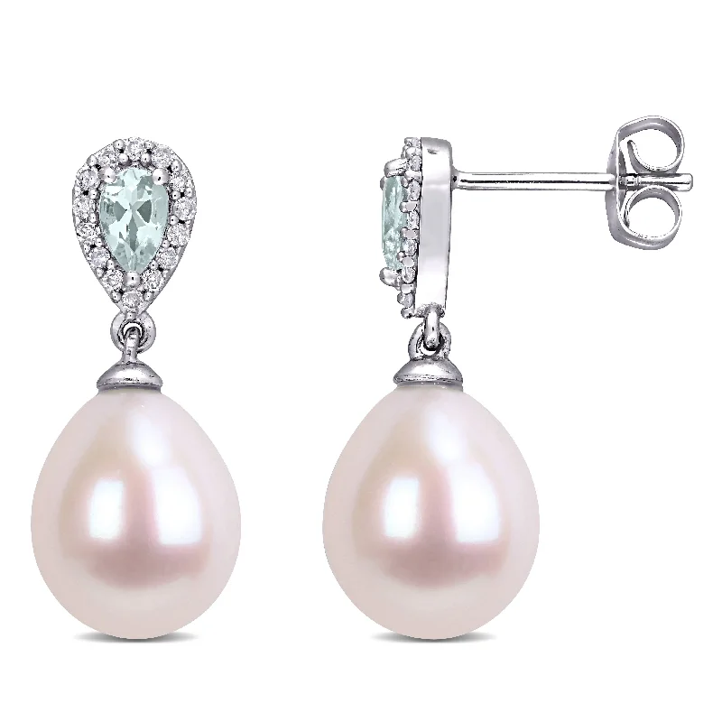 Best hoop earrings with baroque pearls for a luxurious and elegant vibe-Miadora 9-10 MM Cultured Freshwater Pearl Aquamarine and 1/7ct TDW Diamond Earrings in 10k White Gold by Miadora