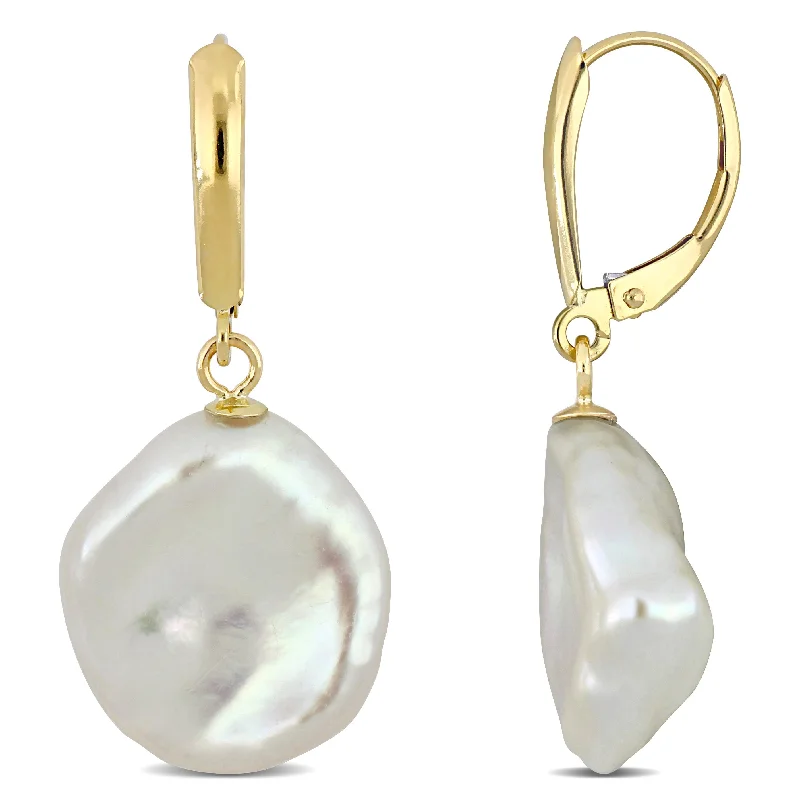 Best hoop earrings with marbled designs for a trendy and artistic effect-Miadora Cultured Freshwater Coin Pearl Solitaire Drop Leverback Earrings in 14k Yellow Gold