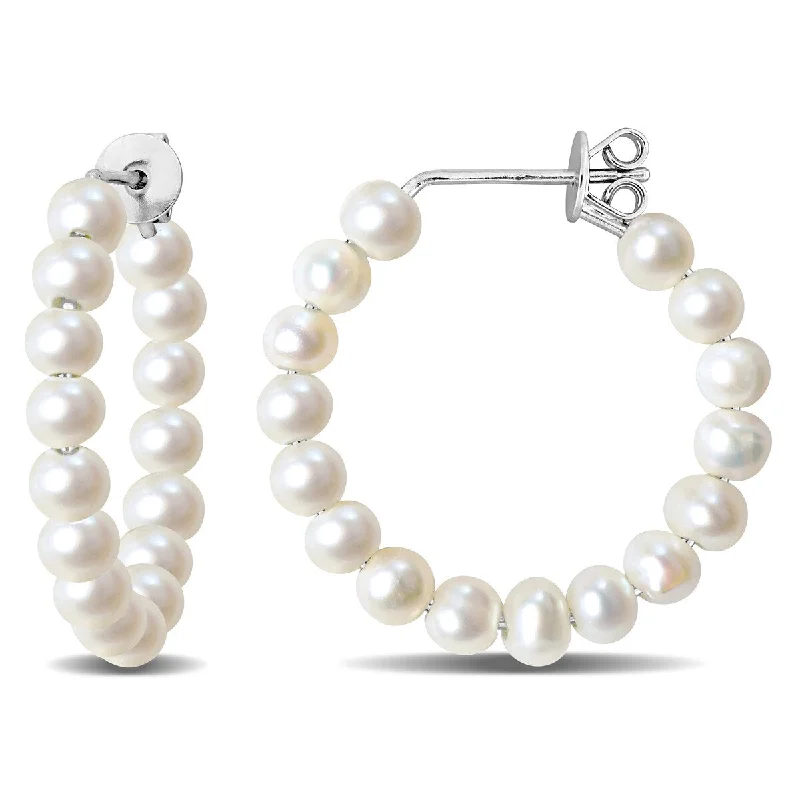 Hoop earrings with rhinestone-studded rims for a glamorous touch-Miadora Cultured Freshwater Pearl Hoop Earrings Sterling Silver