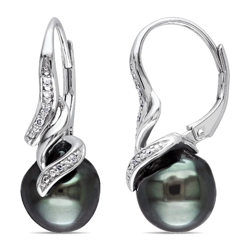 Best hoop earrings with rose gold for a romantic and warm aesthetic-Miadora Sterling Silver Tahitian Pearl and Diamond Accent Drop Leverback Earrings (9 - 9.5mm) - 26.4 mm x 9.7 mm x 13.5 mm