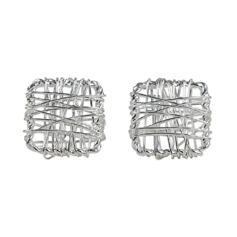 Best hoop earrings with vintage-style detailing for a nostalgic and timeless look-NOVICA Handmade Sterling Silver Crisscross Square Earrings (Thailand) - 0.3*0.3